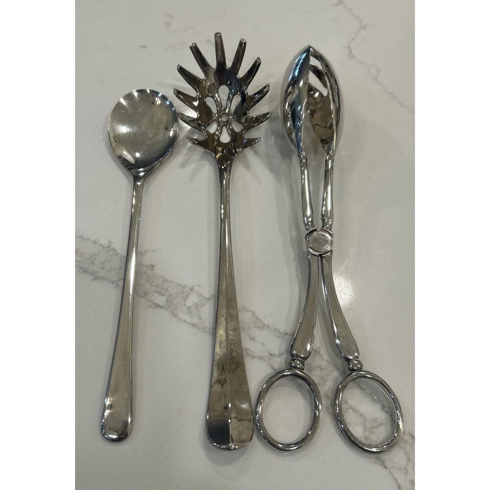 International Silver Silver Plated Set of 3 Serving Spoons Salad Tongs - Picture 2 of 16